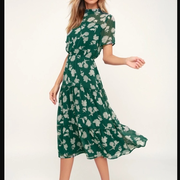 Lulu's Dark Green/White Floral Midi Dress - S - Picture 1 of 4